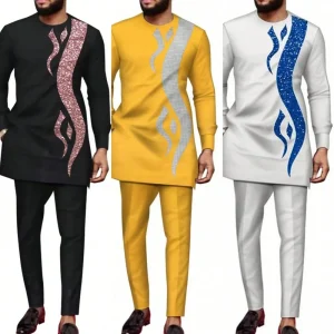African Men Suit Embroidery Temos Two piece Sets